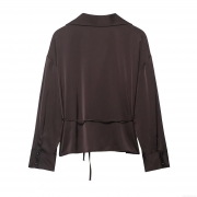 Women's Elegant Satin Texture Long Sleeve Shirt With Waist Belt Solid Color V-Neck Drawstring Blouse For Office Daily Party Autumn Fashion Tops