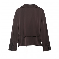 Women's Elegant Satin Texture Long Sleeve Shirt With Waist Belt Solid Color V-Neck Drawstring Blouse For Office Daily Party Autumn Fashion Tops