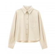 Women's Elegant Apricot Twill Shirt Lapel Single Breasted Long Sleeve Blouse With Pocket Casual Office Work Wear Plain Polyester Tops for Ladies