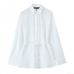 Women's Casual Cotton Linen Blend Long Sleeve Shirt Turn-down Collar Waist Drawstring Solid Color Blouse Top For Ladies