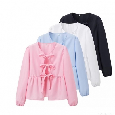 Women's Elegant Bow Tie Long Sleeve Blouse Polyester Leopard Solid Color Peplum Top For Party Dating Casual Sweet Lady Shirt