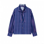 Women Elegant Striped Blouse Polyester Blend Ruffle Stand Collar With Bow Tie Lantern Sleeve Button Down Shirt For Daily Work Party Casual Streetwear Fashion Tops