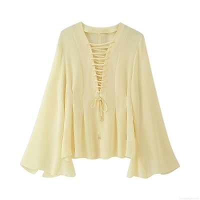 Women's Chiffon Blouse V Neck Tie Up Alloy Drops Flare Long Sleeve Loose Fit Solid Color Casual Top Elegant Breathable Shirt For Ladies Spring Daily Wear