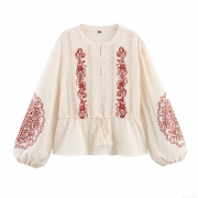 Women's Ethnic Embroidered Shirt Cotton Blend Long Lantern Sleeves Floral Embroidery Bohemian Retro Style Cream Off-White Tassel Drawstring Casual Elegant Top