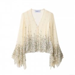 Elegant Women's Polyester Silk Blend Floral V-Neck Chiffon Blouse Long Flare Sleeve Printed Shirt Bohemian Style Casual Tops