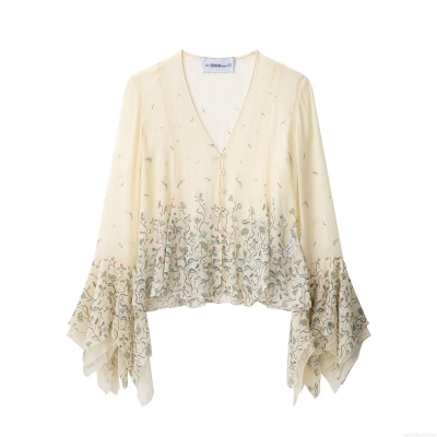 Elegant Women's Polyester Silk Blend Floral V-Neck Chiffon Blouse Long Flare Sleeve Printed Shirt Bohemian Style Casual Tops