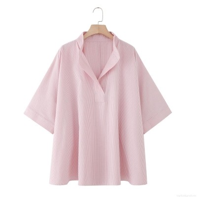 Women's 100% Cotton Striped Blouse Fashion Loose V-Neck Poncho Style Short Sleeve Shirt Casual Summer Tops For Women