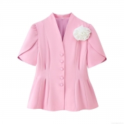 Women Elegant Short Sleeve Blazer Top V-Neck Waist-Cinching Slim Fit Jacket With Handcrafted 3D Flower Single Breasted Puff Sleeve Blouse For Ladies Pink