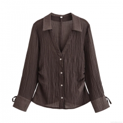 Women's Elegant Pleated Coffee Brown Long Sleeve Blouse With Bow Tie Cuffs V-Neck Button Down Transparent Polyester Shirt For Office Daily Wear