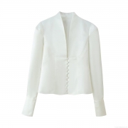 Women Elegant White Satin Blazer Jacket Deep V-Neck Single Breasted Covered Buttons Lantern Sleeve Solid Color Short Outerwear Fashion Tops For Ladies