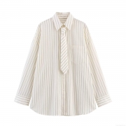 Women Striped Shirt With Matching Tie Long Sleeve Loose Fit Polyester Poplin Blouse Retro Academic Style Casual Office Ladies Tops
