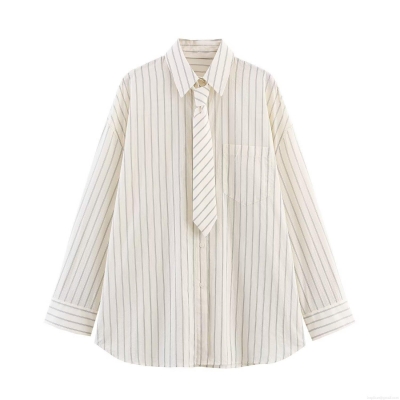 Women Striped Shirt With Matching Tie Long Sleeve Loose Fit Polyester Poplin Blouse Retro Academic Style Casual Office Ladies Tops