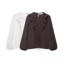 Women's Long Sleeve Round Neck Blouse 100% Polyester Floral Embroidery Ruffle Trim Lace Stitching Shirt Casual Sweet French Style Top For Women