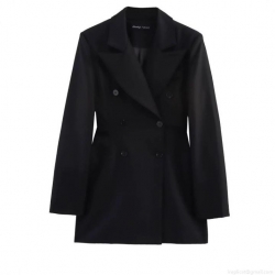 Women's Black Double Breasted Blazer Jacket With Padded Shoulders Elegant Satin Finish Solid Color Long Sleeve Suit Jacket For Office Business Party Ladies Formal Outerwear