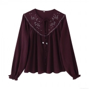 Women's Retro Maroon Long Sleeve Blouse With Exaggerated Collar Embroidery Beaded Ruffle Cuff Loose Bohemian Chiffon Shirt For Daily Vacation