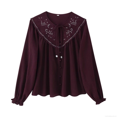 Women's Retro Maroon Long Sleeve Blouse With Exaggerated Collar Embroidery Beaded Ruffle Cuff Loose Bohemian Chiffon Shirt For Daily Vacation