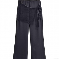 Women's Elegant Black Polyester Trousers With Lace Wrap Overlay And Satin Ribbon Tie Fashion Wide Leg Straight Long Pants For Daily Party Lady