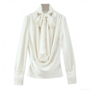 Women's Elegant Satin Blouse Bow Tie Stand Collar Long Sleeve Backless Shirt Solid Color Silky Top for Office Party Women Lady Fashion Clothing