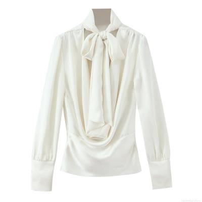 Women's Elegant Satin Blouse Bow Tie Stand Collar Long Sleeve Backless Shirt Solid Color Silky Top for Office Party Women Lady Fashion Clothing