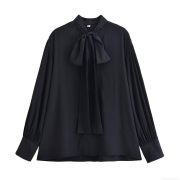 Women's Elegant Long Sleeve Bow Tie Blouse Solid Black Polyester Shirt Casual Office Party Tops Fashion Sweet Style Ladies Clothing
