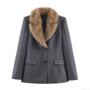 Women Slim Fit Faux Fur Collar Lapel Blazer Jacket Elegant Grey Textured Long Sleeve Short Coat For Autumn Winter Office Party