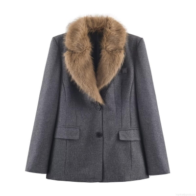 Women Slim Fit Faux Fur Collar Lapel Blazer Jacket Elegant Grey Textured Long Sleeve Short Coat For Autumn Winter Office Party