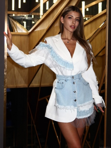Women's Fashion Patchwork Blazer Dress Denim Ruffle Mesh Trim Long Sleeve Lapel Suit Jacket Sexy Socialite Style Party Clubwear Outfits