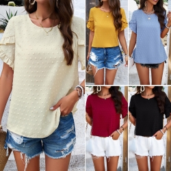 Women's Elegant Polka Dot Ruffle Short Sleeve Top Round Neck Jacquard Blouse With Back Buttons For Summer Casual Daily Commute Office Shirts