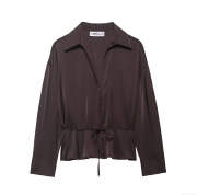 Women's Elegant Satin Silk-Like Blouse V-Neck Long Sleeve Shirt With Tie Waist Belt Commuter Minimalist Solid Color 100% Polyester Tops