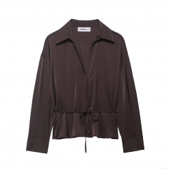 Women's Elegant Satin Silk-Like Blouse V-Neck Long Sleeve Shirt With Tie Waist Belt Commuter Minimalist Solid Color 100% Polyester Tops