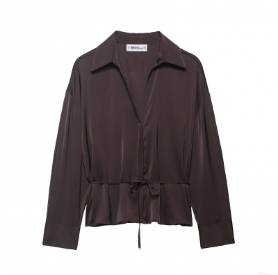 Women's Elegant Satin Silk-Like Blouse V-Neck Long Sleeve Shirt With Tie Waist Belt Commuter Minimalist Solid Color 100% Polyester Tops