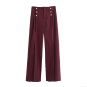 Women High Waist Straight Leg Trousers Elegant Burgundy Red Commuting Pants With Gold Button Decoration Autumn Winter Pleated Trousers