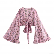 Women Bohemian Floral Crop Top Pink Flare Sleeve Blouse Tie Front V Neck Vacation Shirt Lightweight Polyester Summer Tops Sweet Flare Sleeve Short Blouse Chic Holiday Outfit