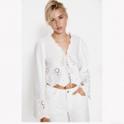 Women's V-Neck Eyelet Embroidery Blouse Ruffle Trim Tie-Front Long Sleeve Short Shirt Retro Boho Cotton Blend Tops For Women