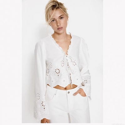 Women's V-Neck Eyelet Embroidery Blouse Ruffle Trim Tie-Front Long Sleeve Short Shirt Retro Boho Cotton Blend Tops For Women