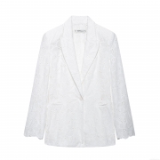 Women's Elegant Romantic Embroidery Shawl Collar Blazer White Eyelet Lace Hollow Out Long Sleeve Straight Suit Jacket For Commute Ladies Office Outerwear