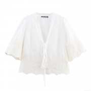 Women's Hollow Out Embroidery Blouse Polyester V Neck Lace Up Short Sleeve Top Bohemian Sweet Floral White Shirt For Summer Vacation
