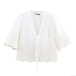 Women's Hollow Out Embroidery Blouse Polyester V Neck Lace Up Short Sleeve Top Bohemian Sweet Floral White Shirt For Summer Vacation