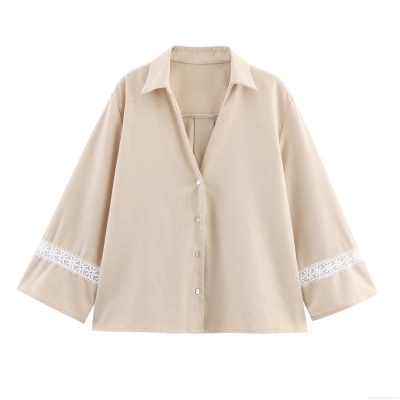 Women's Elegant Lace Patchwork V-Neck Blouse Loose Long Sleeve Single Breasted Shirt Casual Comfortable Polyester Top Spring Summer Women Clothing