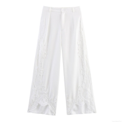 Women's Elegant White Lace Splicing Pearl Beaded Wide Leg Pants High Waist Straight Casual Trousers For Office Commute Socialite Style