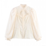 French Style Sweet Milk White Jacquard Long Sleeve Shirt Women Hollow Lace Up Ruffle Stand Collar Blouse Pearl Buttons Spring Slim Fit Elegant Tops
