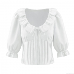 Women's French Retro White Blouse Cotton Blend Lace Patchwork Pleated Smocking Square Neck Puff Sleeves Bow Tie Casual Summer Shirt Tops