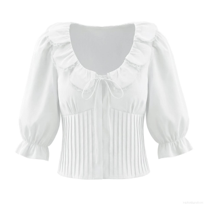 Women's French Retro White Blouse Cotton Blend Lace Patchwork Pleated Smocking Square Neck Puff Sleeves Bow Tie Casual Summer Shirt Tops