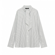 Women's Fashion Striped Scarf Tie Neck Long Sleeve Shirt Loose Casual Polyester Blouse With Buttons Office Streetwear Tops