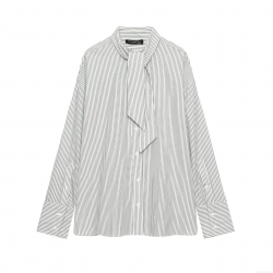 Women's Fashion Striped Scarf Tie Neck Long Sleeve Shirt Loose Casual Polyester Blouse With Buttons Office Streetwear Tops