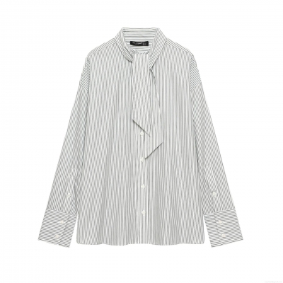 Women's Fashion Striped Scarf Tie Neck Long Sleeve Shirt Loose Casual Polyester Blouse With Buttons Office Streetwear Tops