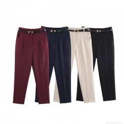 Women's High Waist Straight Leg Trousers With Belt Elegant Office Lady Commuter Casual Long Pants Solid Color Polyester Business Dress Trousers