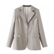 Women's Loose Casual Blazer Jacket European Style Metal Button Lapel Long Sleeve Mid-Length Polyester Suit Outerwear For Spring Autumn Streetwear