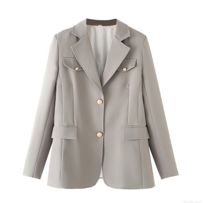 Women's Loose Casual Blazer Jacket European Style Metal Button Lapel Long Sleeve Mid-Length Polyester Suit Outerwear For Spring Autumn Streetwear