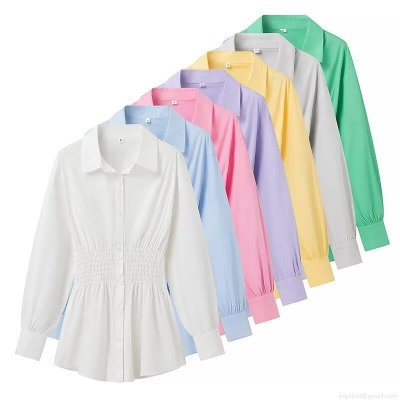 Women's Fashion Smocked Waist Long Sleeve Blouse Lapel Single Breasted Solid Color Polyester Cotton Spandex Shirt For Casual Daily Streetwear